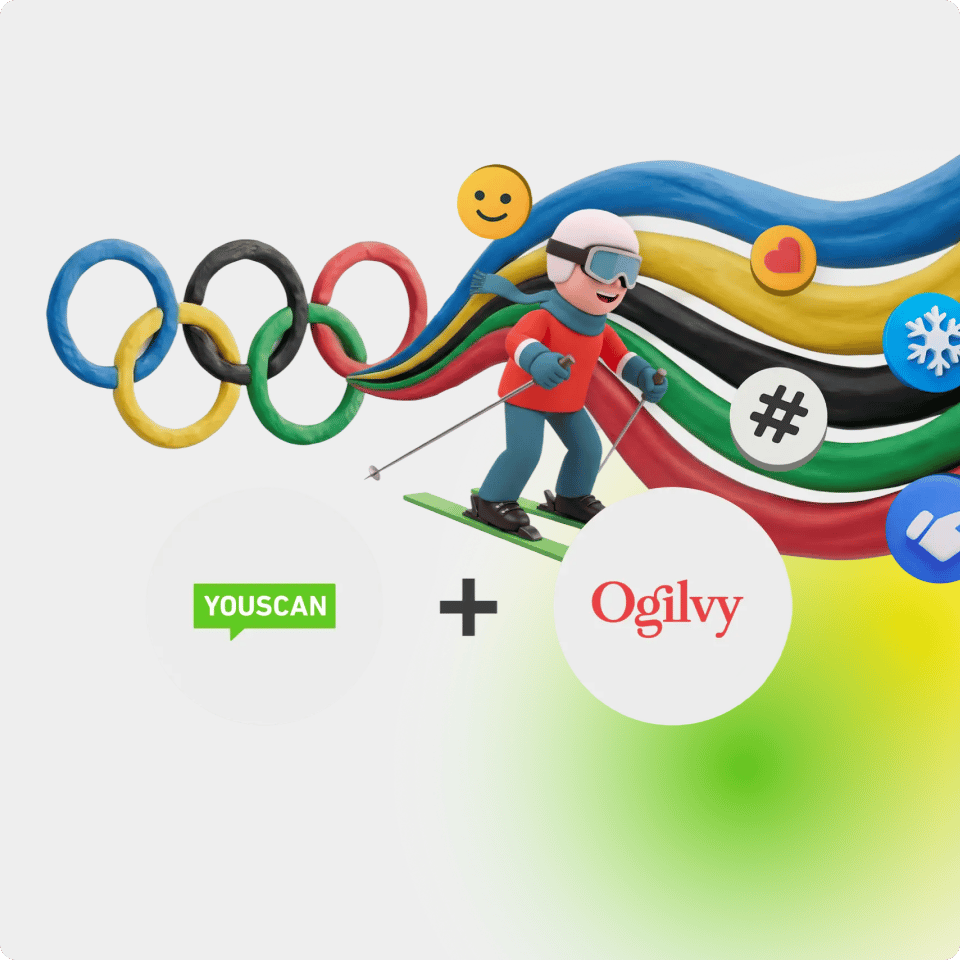 YouScan and Ogilvy logos with an Olympic-themed illustration of a skier and social media icons