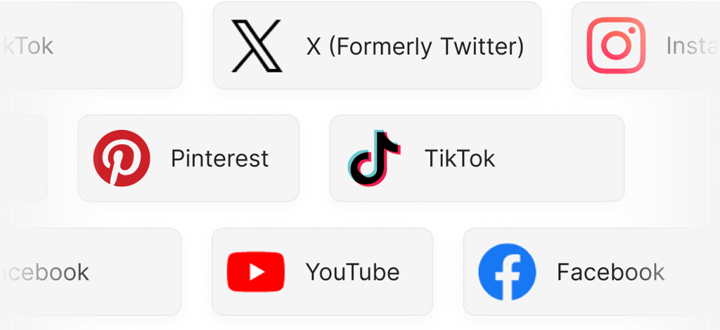 Логотипи підтримуваних соціальних мереж - TikTok, X, Instagram, Pinterest, YouTube, Facebook