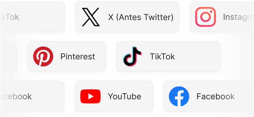 Logotipos de plataformas de redes sociais suportadas - TikTok, X, Instagram, Pinterest, YouTube, Facebook