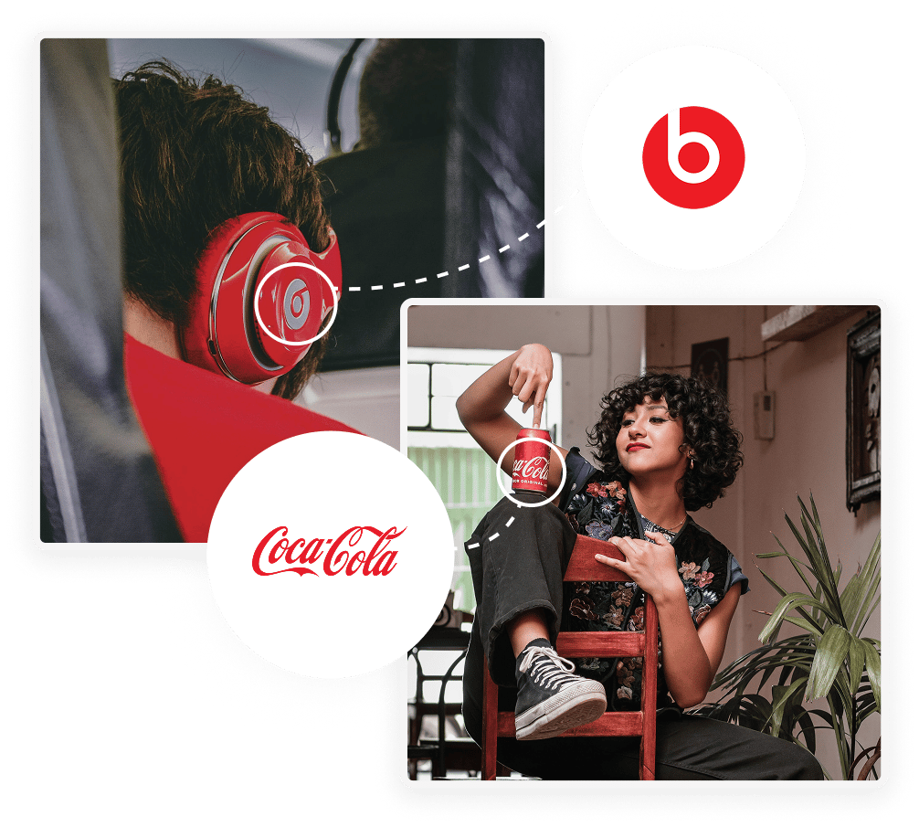 Visualização de 360° Brand Tracking mostrando detecção de fones Beats e logotipo da Coca-Cola em imagens de redes sociais