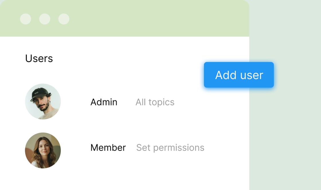 User list with admin and member roles and topic access