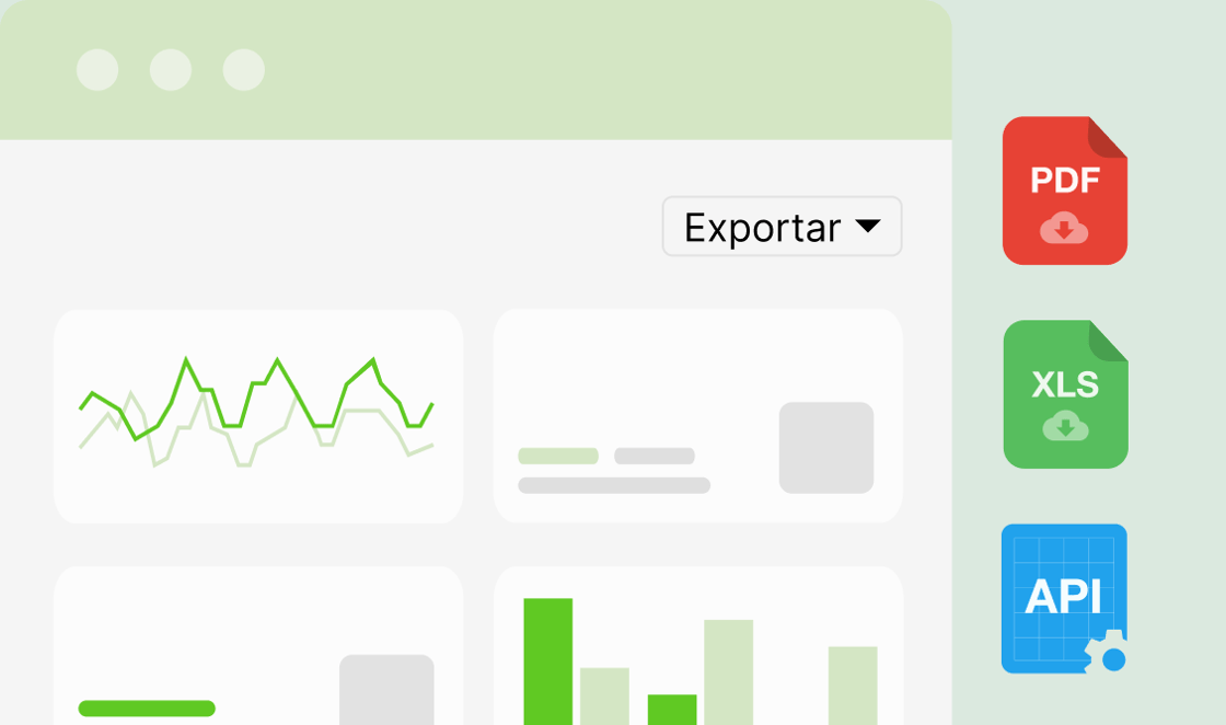 Dashboard with PDF, XLS, and API export options