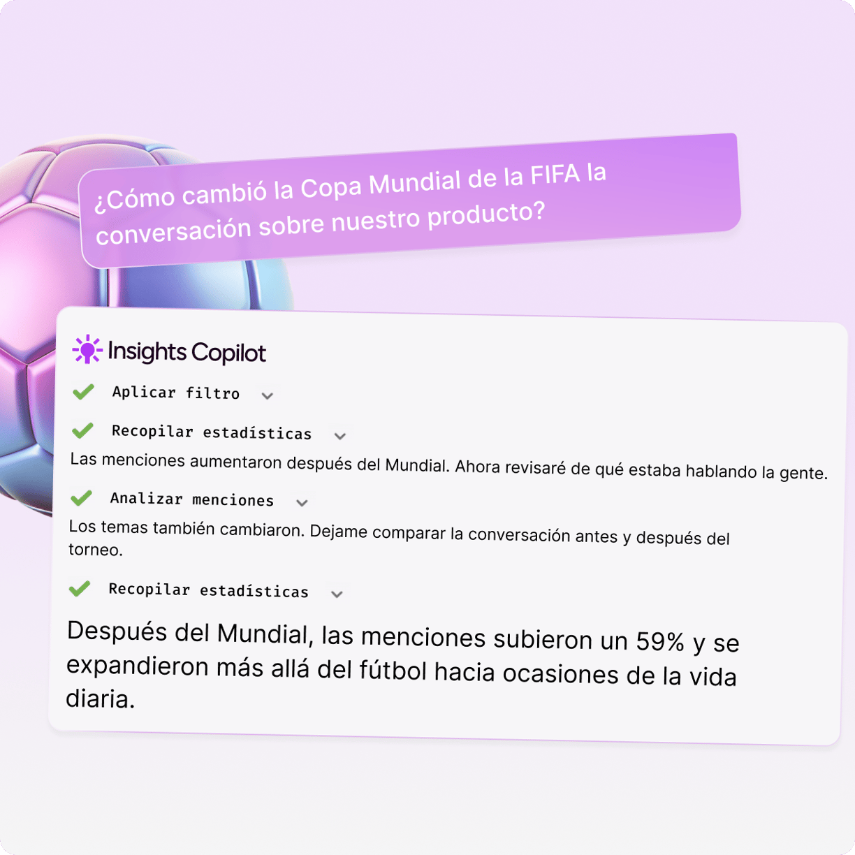 Insights Copilot avanzando por pasos de análisis hasta una respuesta.