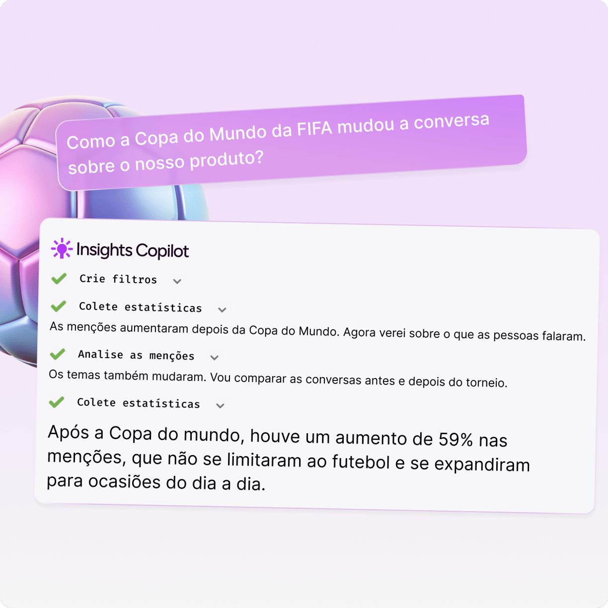 Insights Copilot percorrendo etapas de análise até uma resposta.