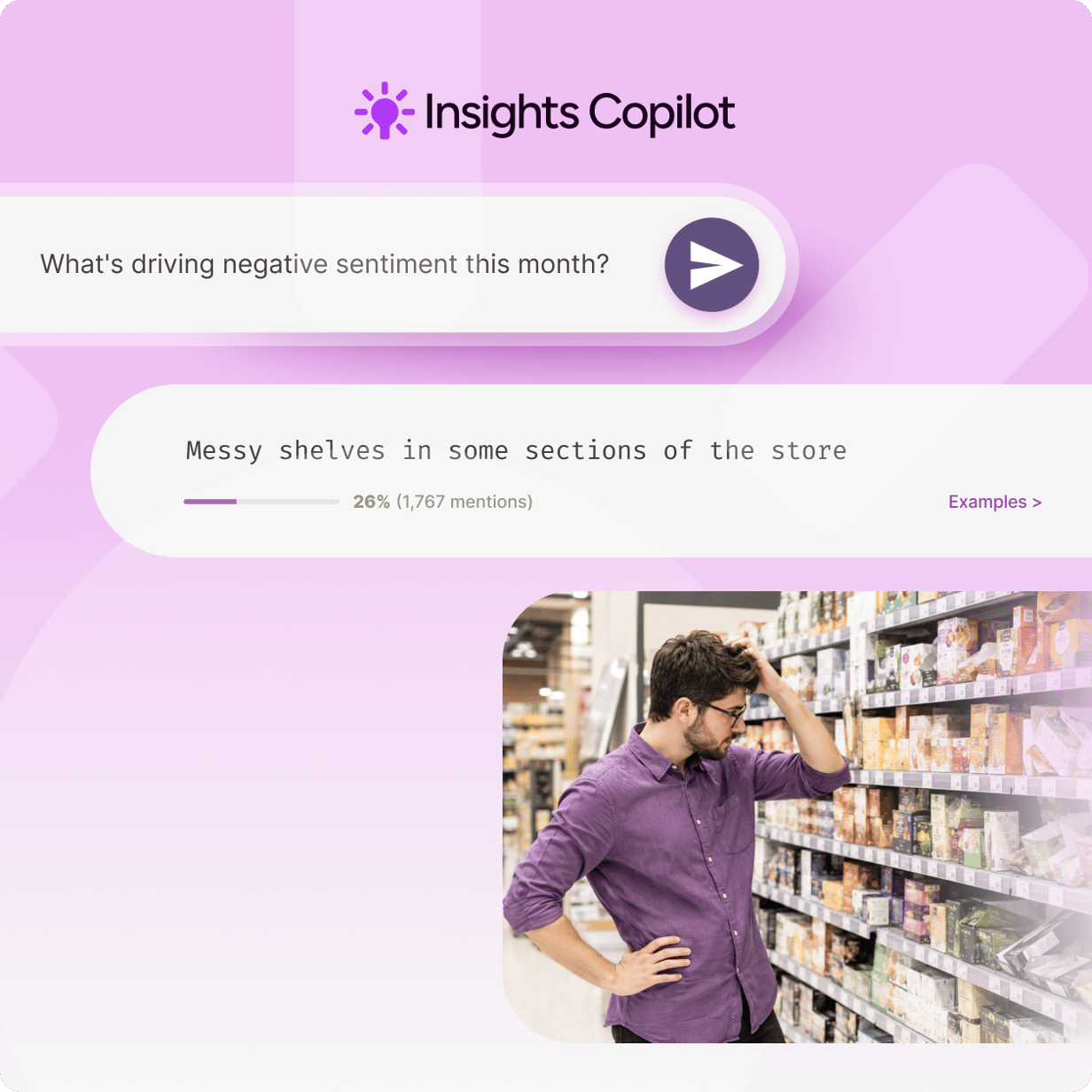 Insights Copilot AI chat answering a question about negative sentiment drivers with mention statistics