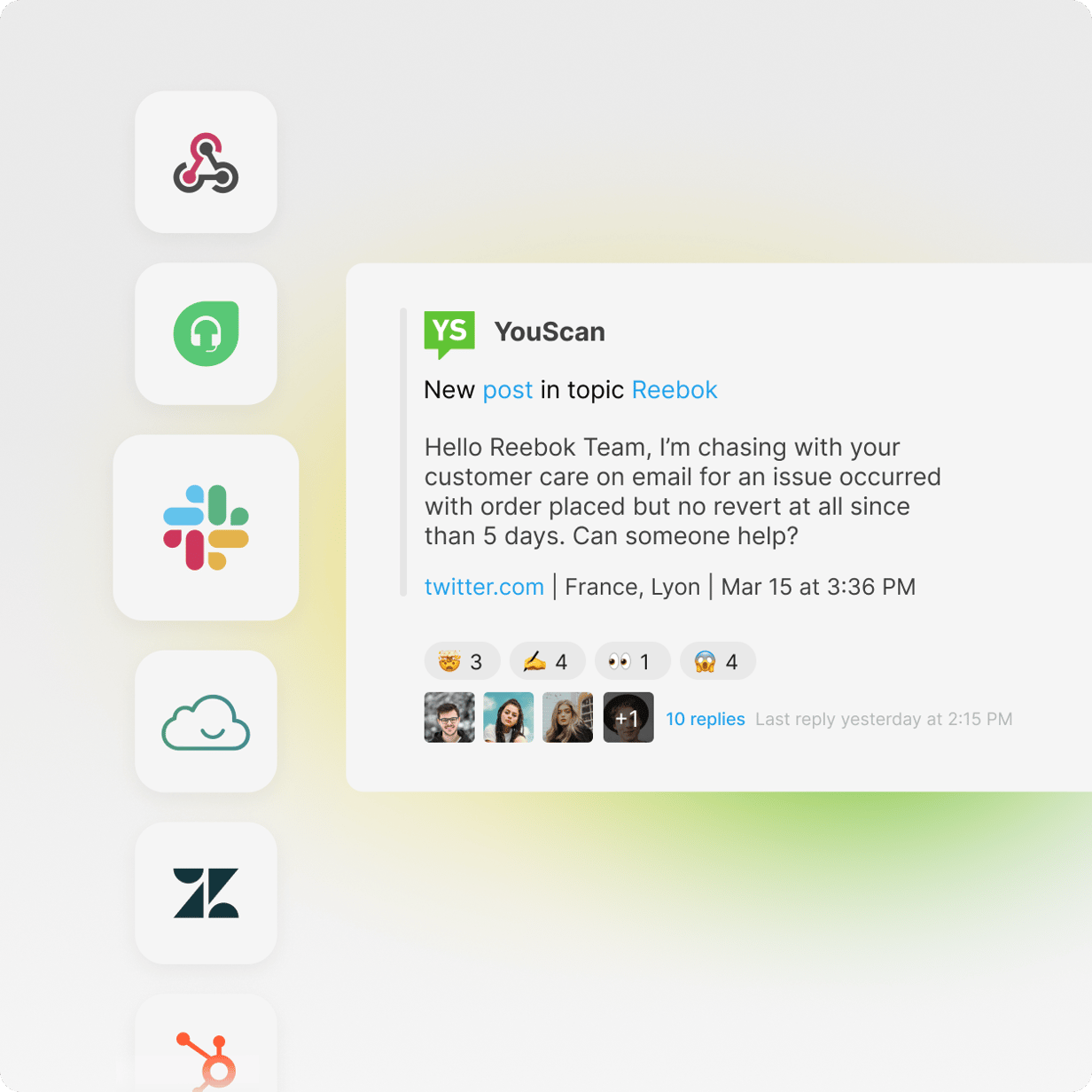 YouScan alert in Slack about a new brand mention, with integration icons for Teams, Zendesk, HubSpot and Webhook