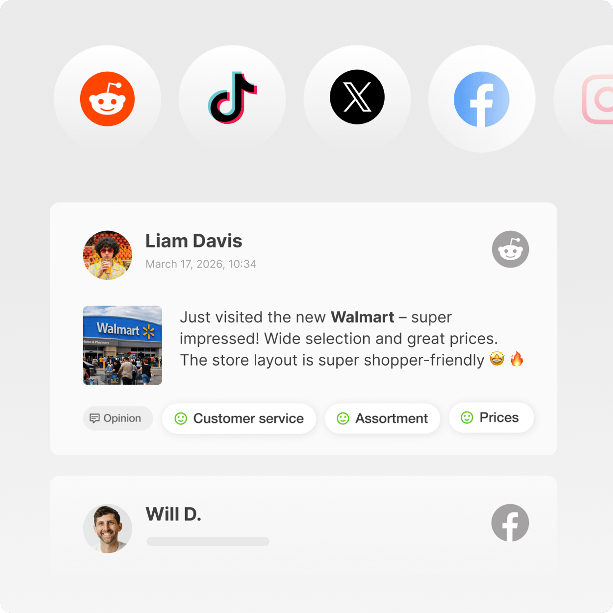Feed of brand mentions from Reddit, TikTok, X, Facebook and Instagram with sentiment tags