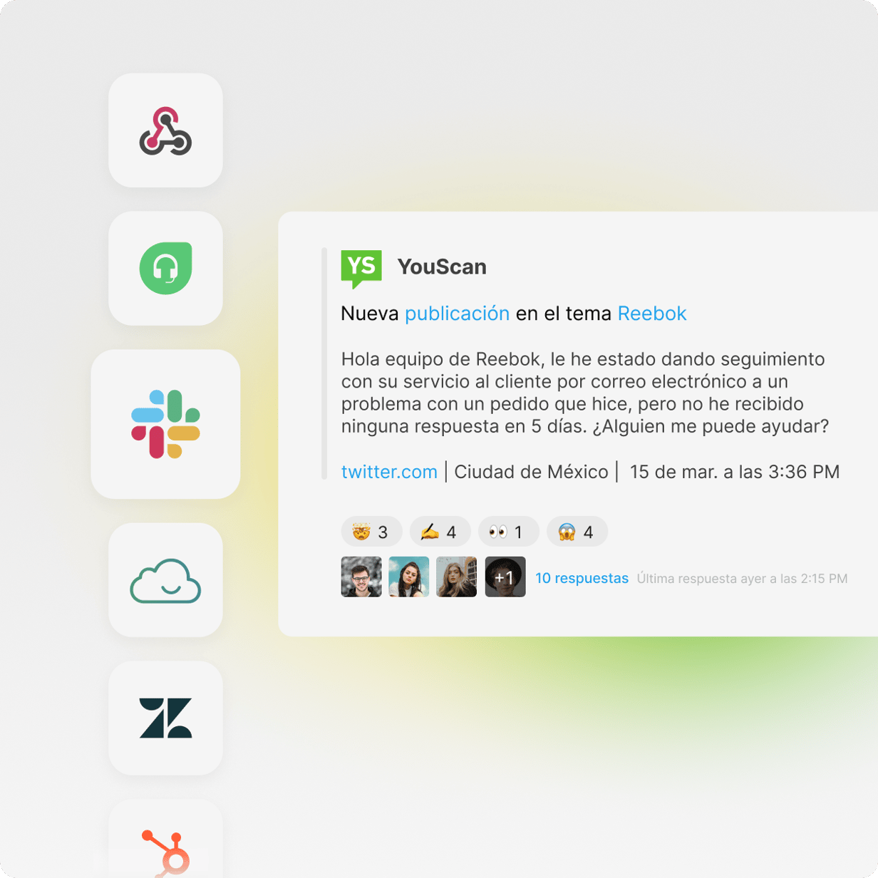 Alerta de YouScan en Slack sobre una nueva mención de marca, con iconos de integración de Teams, Zendesk, HubSpot y Webhook