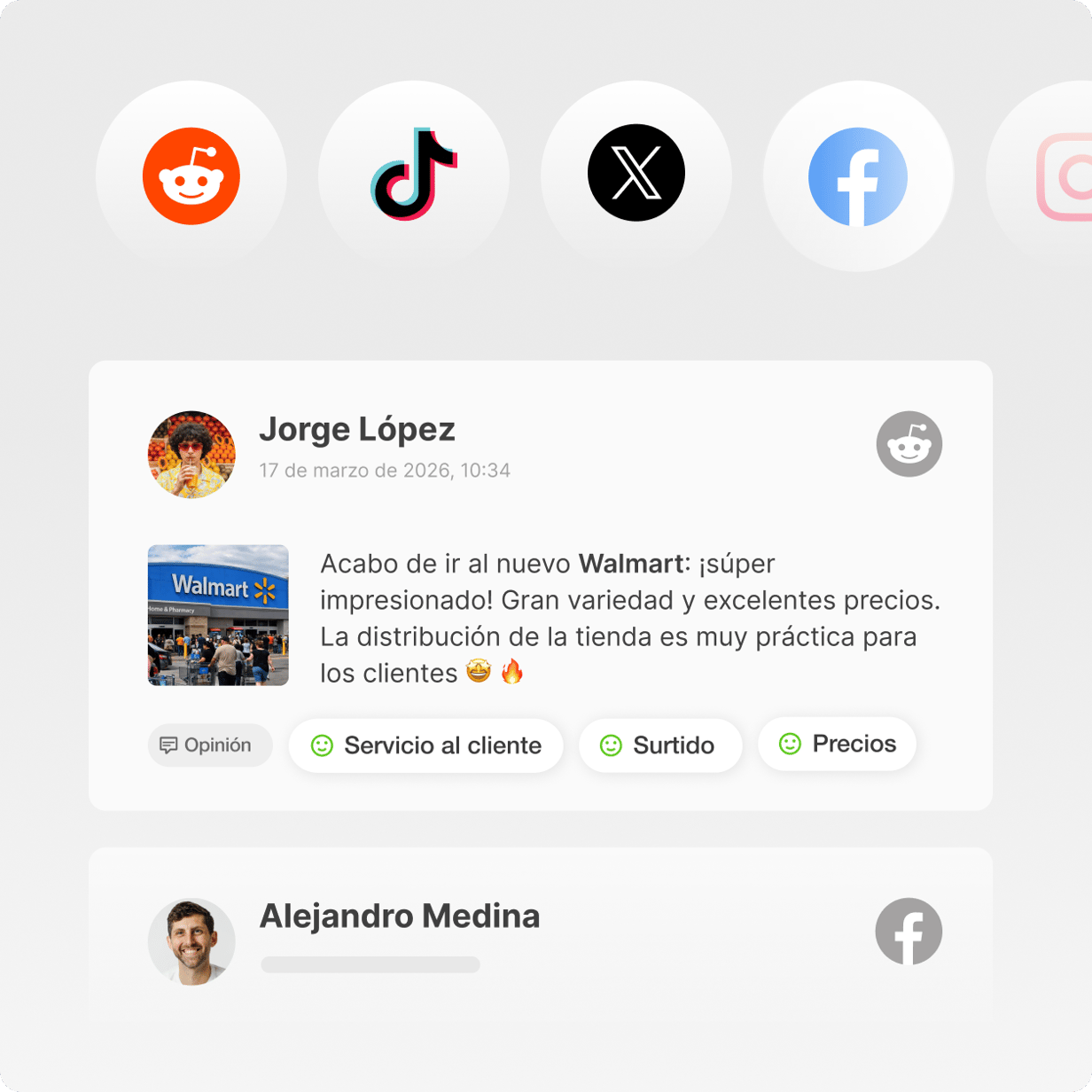 Feed de menciones de marca de Reddit, TikTok, X, Facebook e Instagram con etiquetas de sentimiento