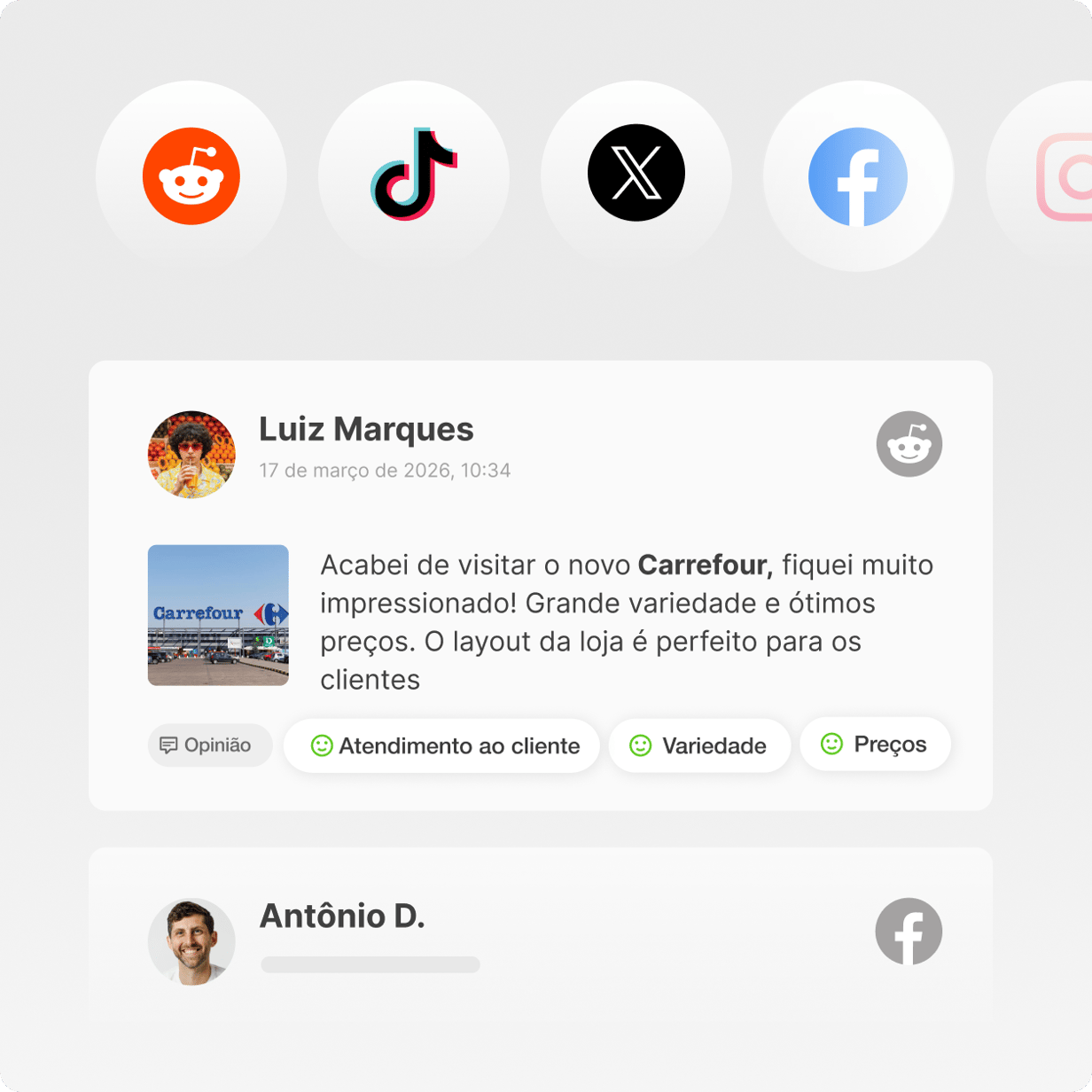 Feed de menções da marca do Reddit, TikTok, X, Facebook e Instagram com marcadores de sentimento