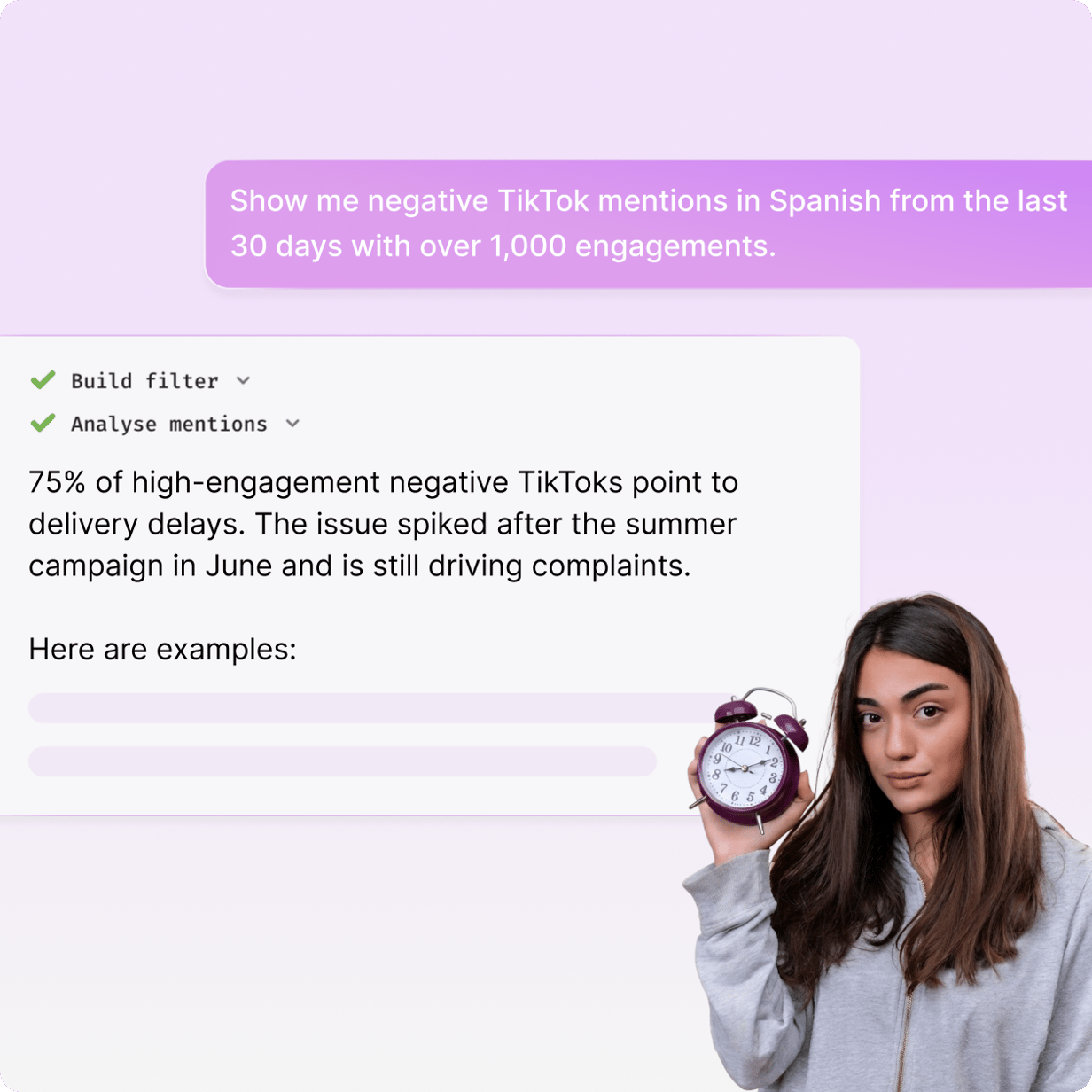 Insights Copilot dialog building a filter and summarizing mentions.
