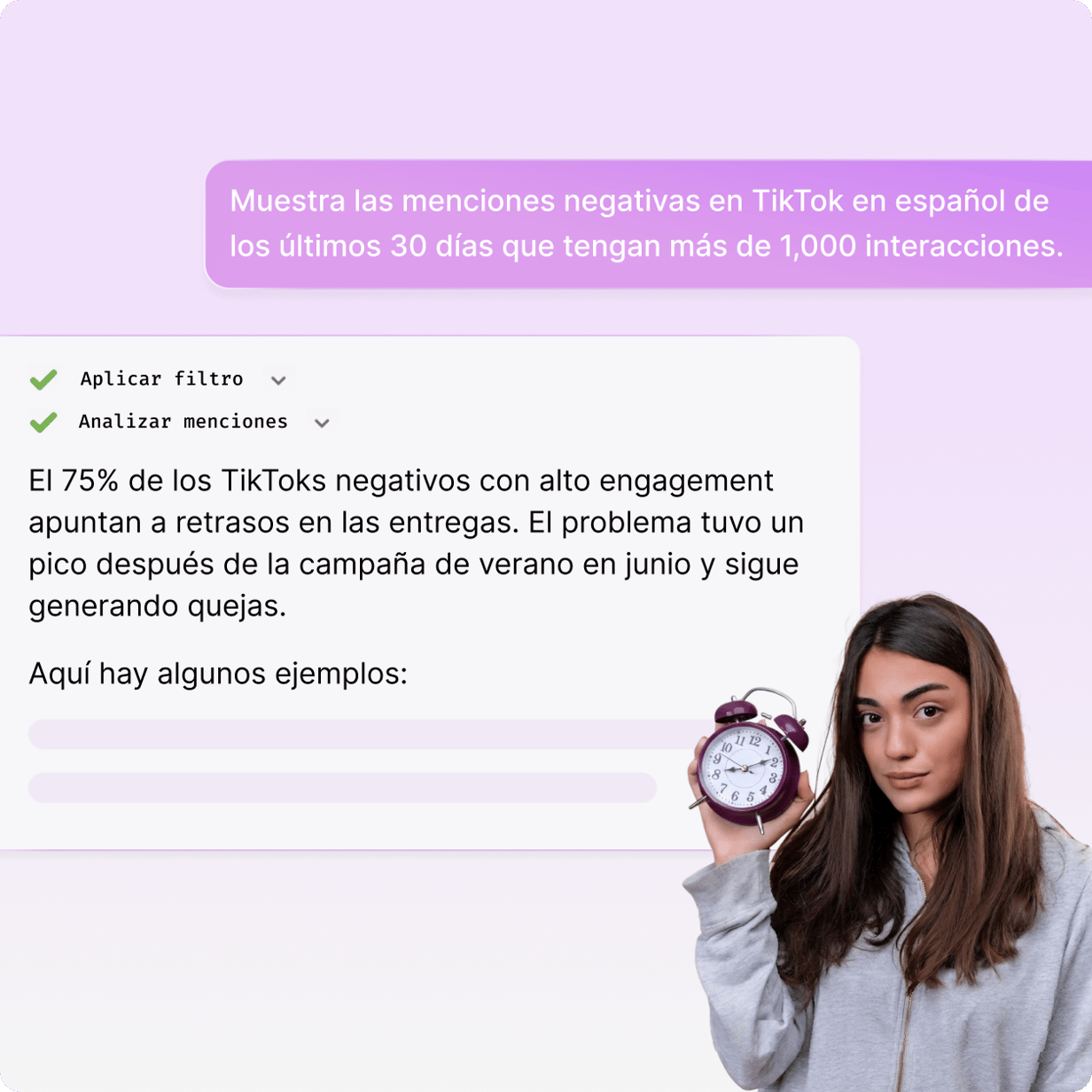 Diálogo de Insights Copilot creando un filtro y resumiendo menciones.
