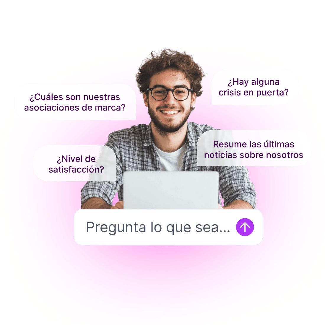 Hombre con un portátil rodeado de preguntas para Insights Copilot.
