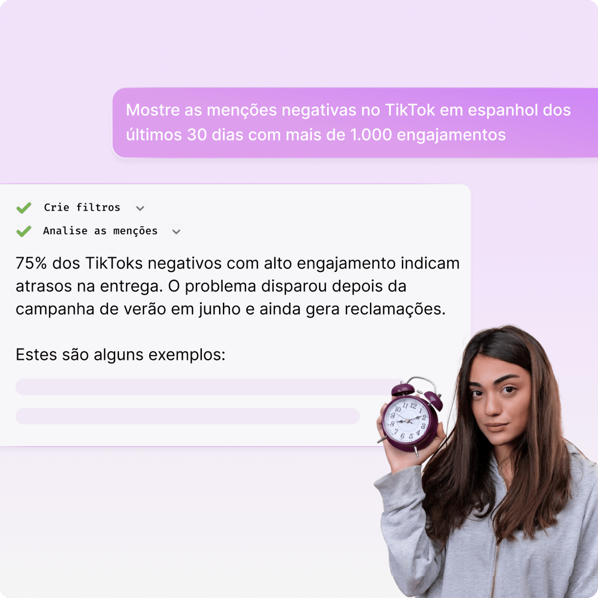 Diálogo do Insights Copilot criando um filtro e resumindo menções.