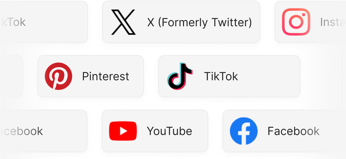 Логотипи підтримуваних соціальних мереж - TikTok, X, Instagram, Pinterest, YouTube, Facebook