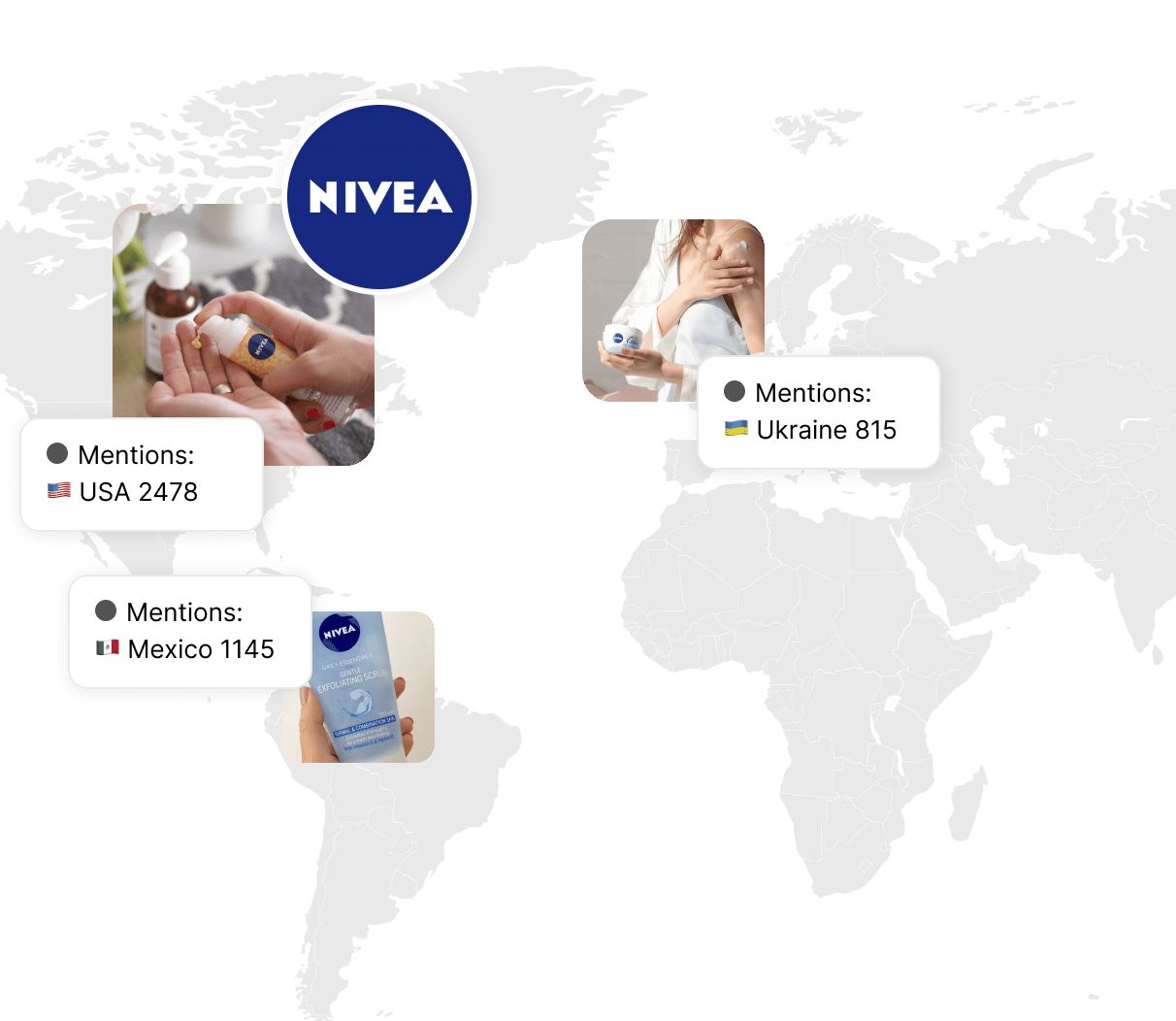 World map showing Nivea brand mentions by country, including USA, Mexico and Ukraine