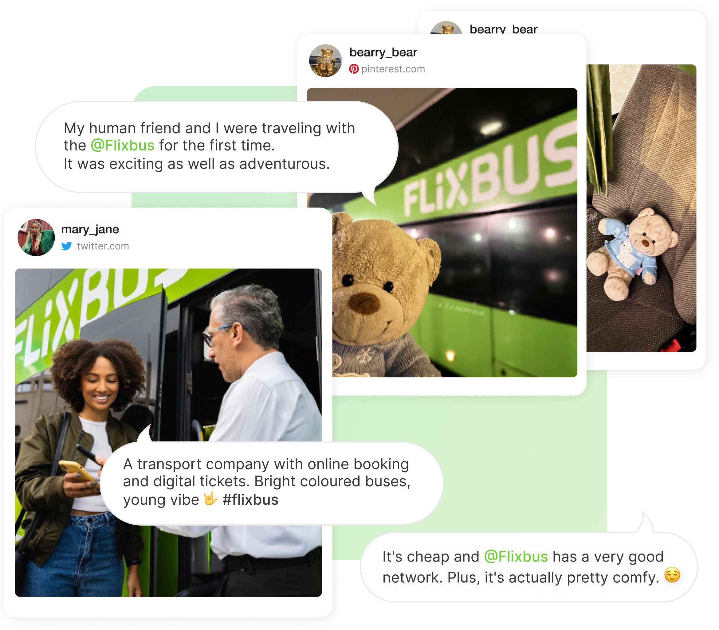 Social media posts from Twitter and Pinterest sharing genuine consumer opinions about Flixbus trips