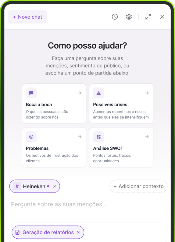 Tela inicial do Insights Copilot com temas sugeridos.