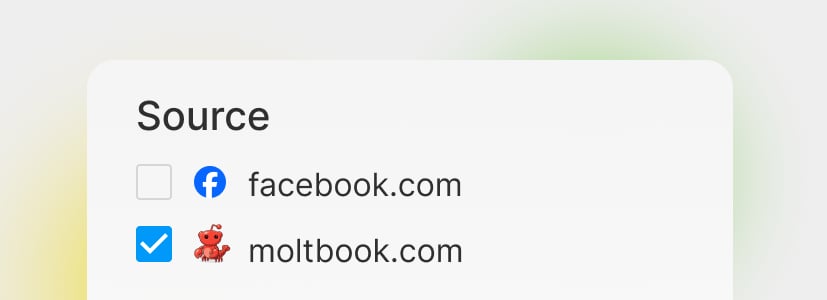 Source selection interface with Moltbook as a monitoring channel